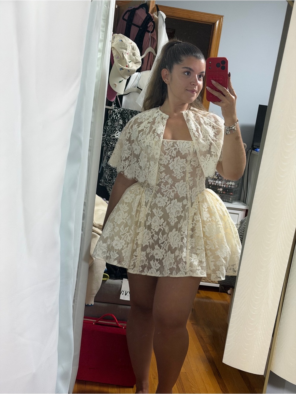 Ivory Lace Mini Dress with Capelet - Elegant Wedding Party Dress